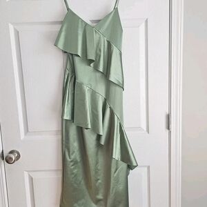 GeeGee Babydoll Satin Slip Dress Ruffle Midi Fairy Romantic Sage Green Party